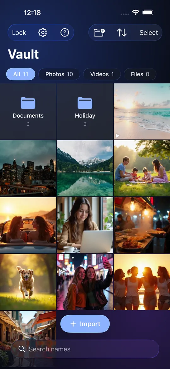 A StrongRoom Vault open on an iPhone, showing a grid of photos and folders.